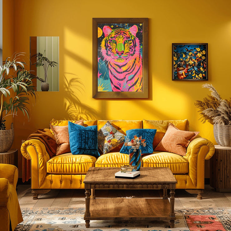 Colorful Neon Tiger Wall Art Poster displayed in a bright yellow living room with modern decor