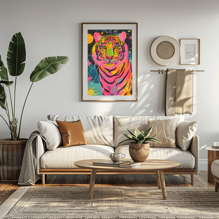 Vibrant Neon Tiger Wall Art Poster framed above a modern sofa in a stylish living room