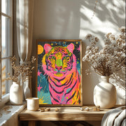 Neon Tiger Wall Art Poster featuring a vibrant tiger design with colorful accents in a stylish room setting