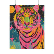 Vibrant Neon Tiger Wall Art Poster with bold colors and cosmic elements for stylish home decor