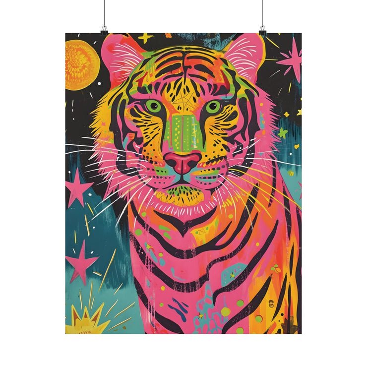 Vibrant Neon Tiger Wall Art Poster with bold colors and cosmic elements for stylish home decor