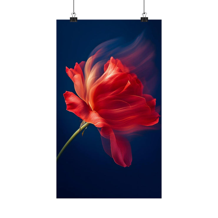Red Rose in motion poster featuring a vibrant red rose with a blurred effect on a dark background