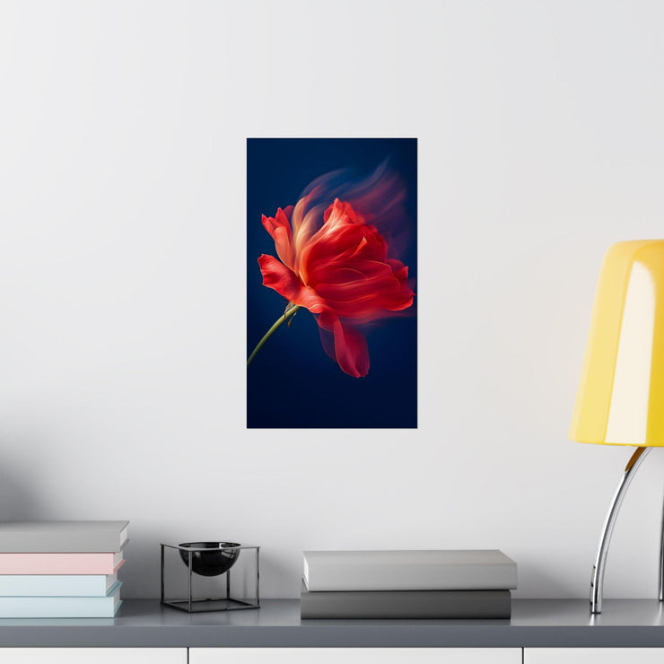 Red Rose in motion poster featuring a vibrant flower design against a dark background