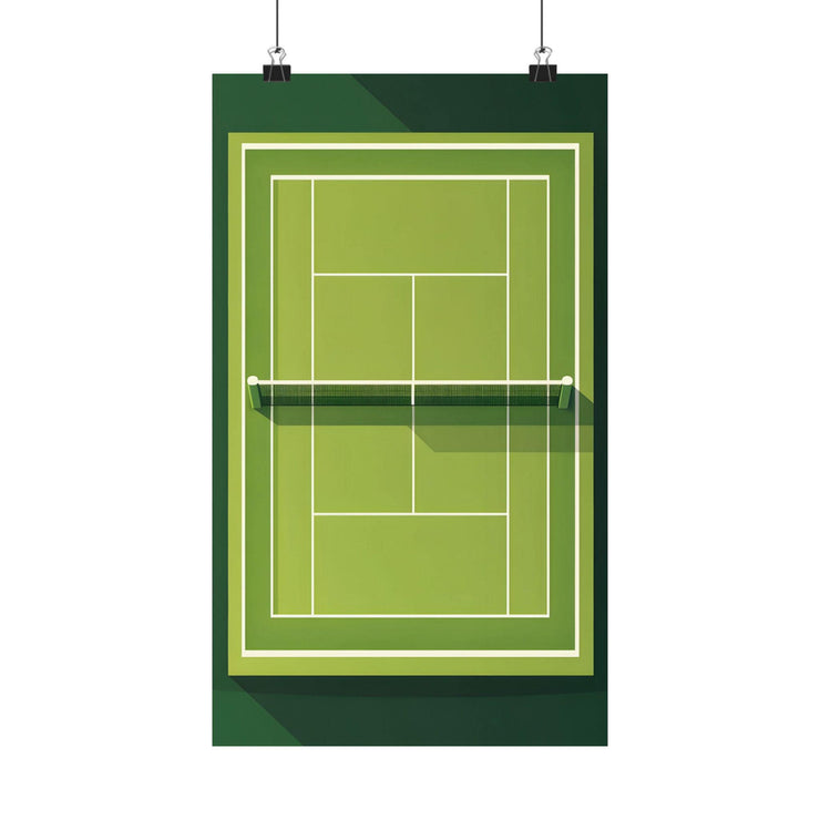 Tennis Court Poster featuring a minimalist design of a tennis court in green and white colors