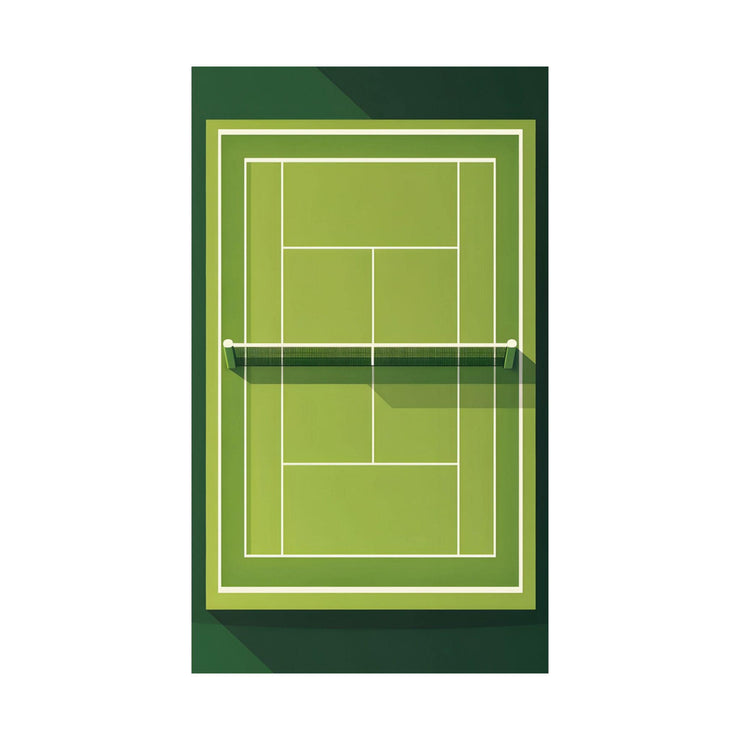 Tennis Court Poster featuring a minimalist design with vibrant green colors and court lines