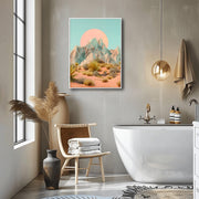 Desert Mountain Wall Art featuring a colorful mountain scene with a serene atmosphere in a stylish bathroom
