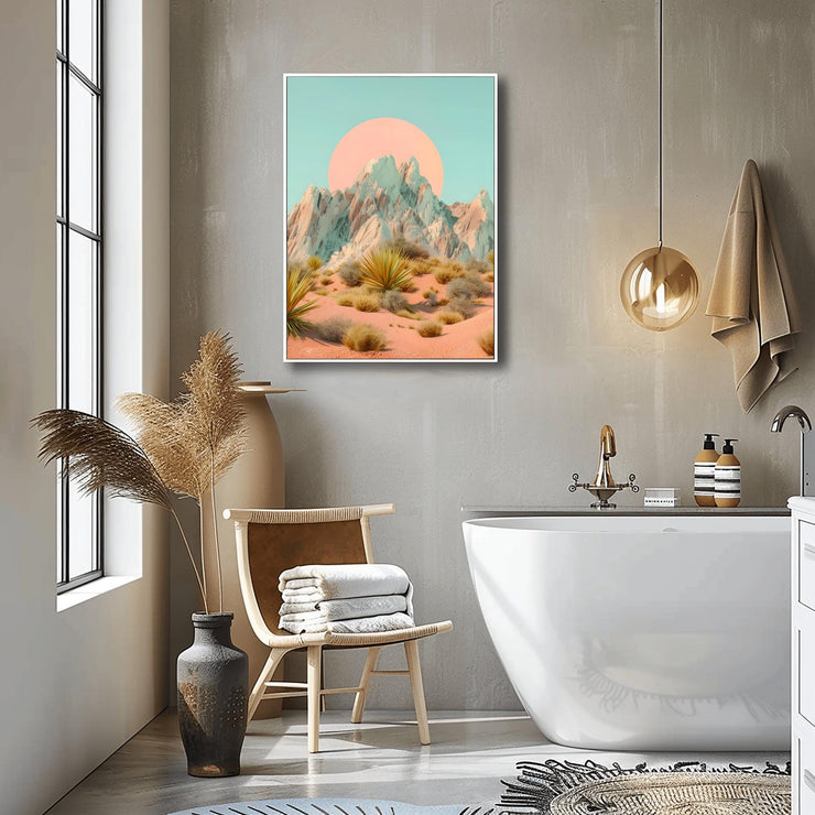 Desert Mountain Wall Art featuring a colorful mountain scene with a serene atmosphere in a stylish bathroom