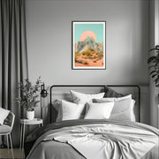Framed Desert Mountain Wall Art in a stylish bedroom setting with neutral decor