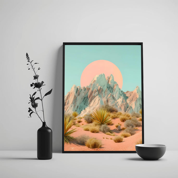 Desert Mountain Wall Art featuring pastel mountains and a pink sun for a serene aesthetic
