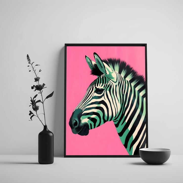 Zebra Print on Pink Background poster featuring a zebra's head with vibrant colors and modern design