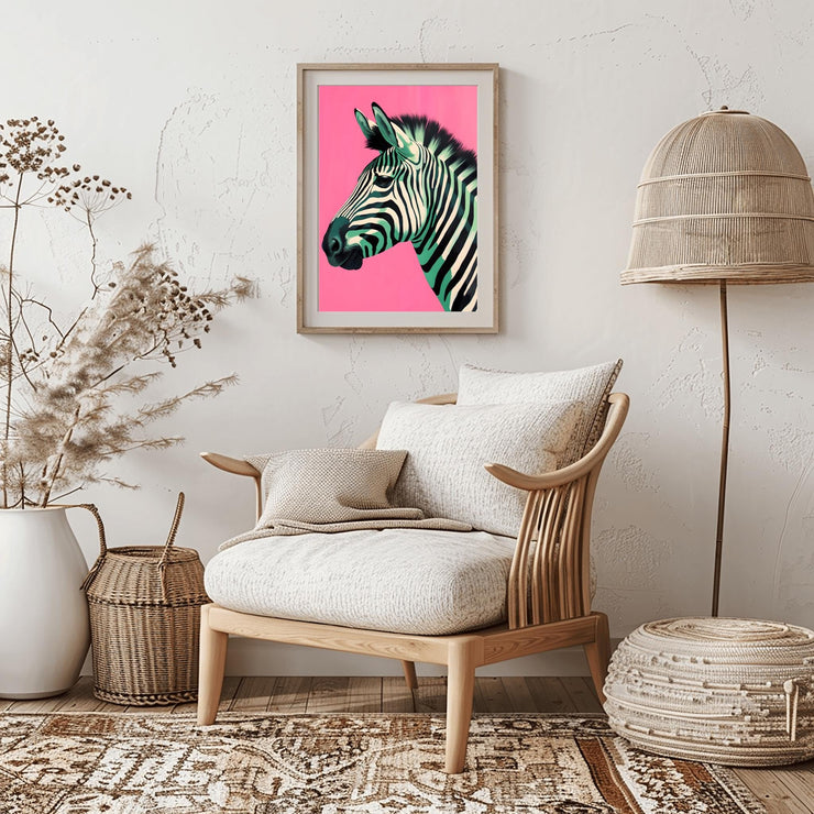 Colorful zebra print on pink background poster displayed in a stylish living room setting