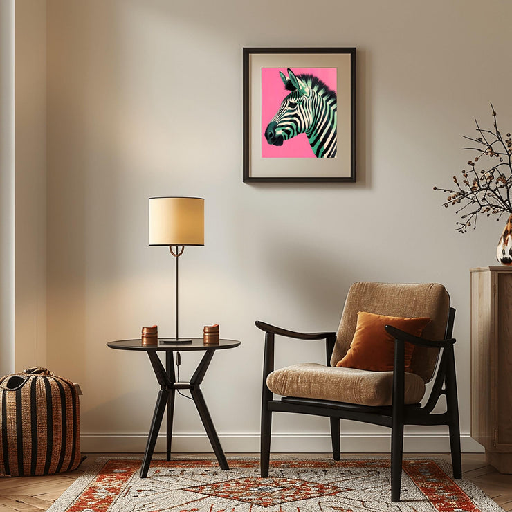 Zebra Print on Pink Background framed poster in a stylish living room setting