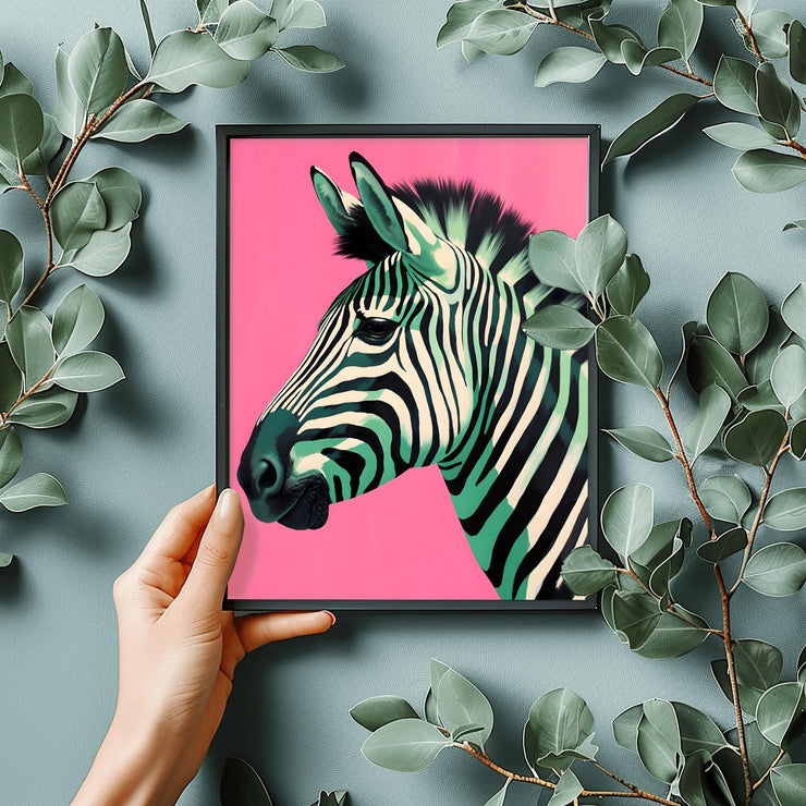 Zebra Print on Pink Background poster featuring a vibrant zebra illustration framed elegantly