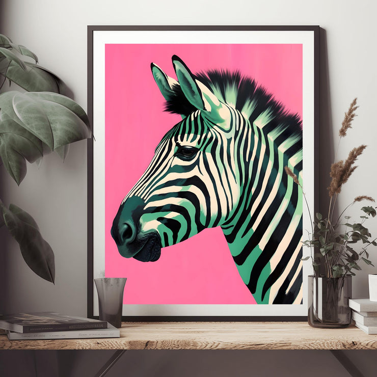 Vibrant Zebra Print on Pink Background wall art poster featuring a modern zebra design