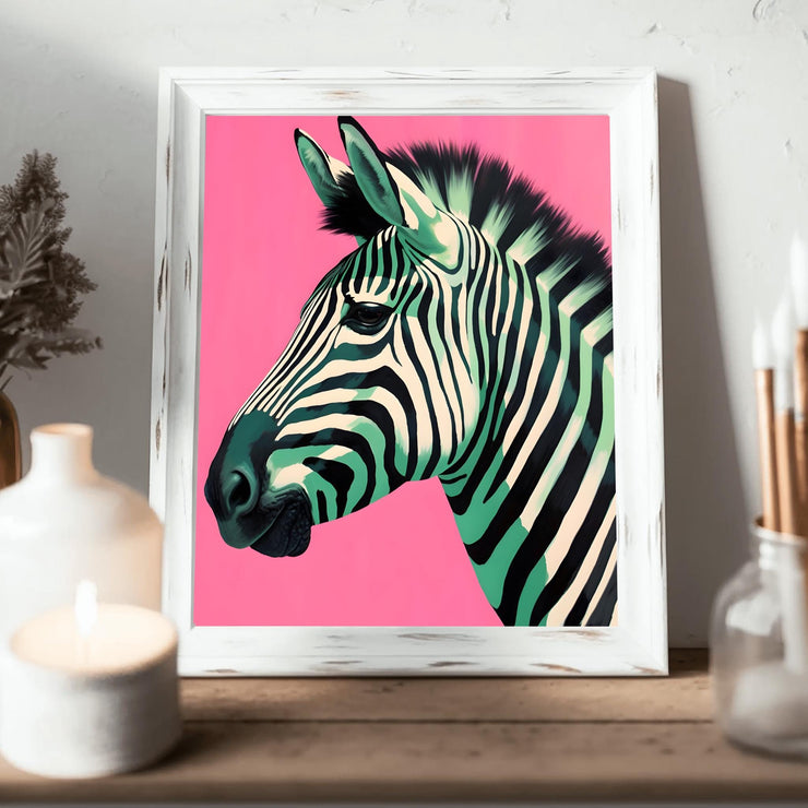 Zebra Print on Pink Background poster showcasing a striking zebra against a vibrant pink backdrop