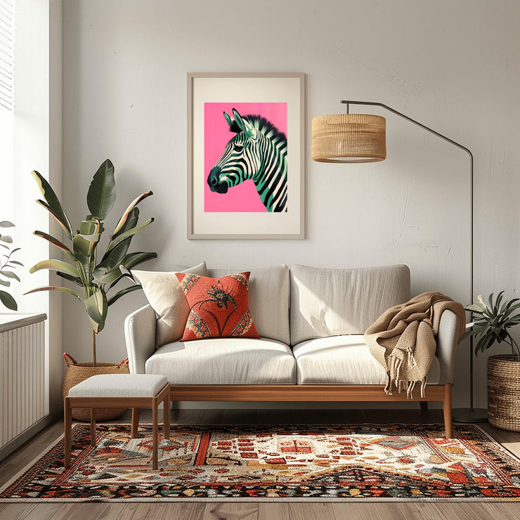 Zebra Print on Pink Background Poster Framed and Displayed in a Modern Living Room Setting