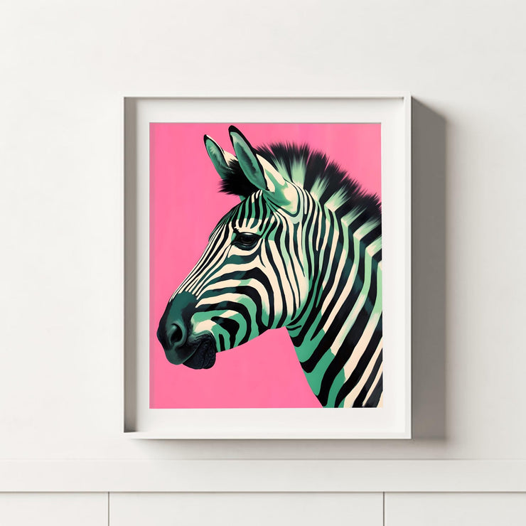 Zebra Print on Pink Background framed poster featuring a vibrant zebra design with bold colors