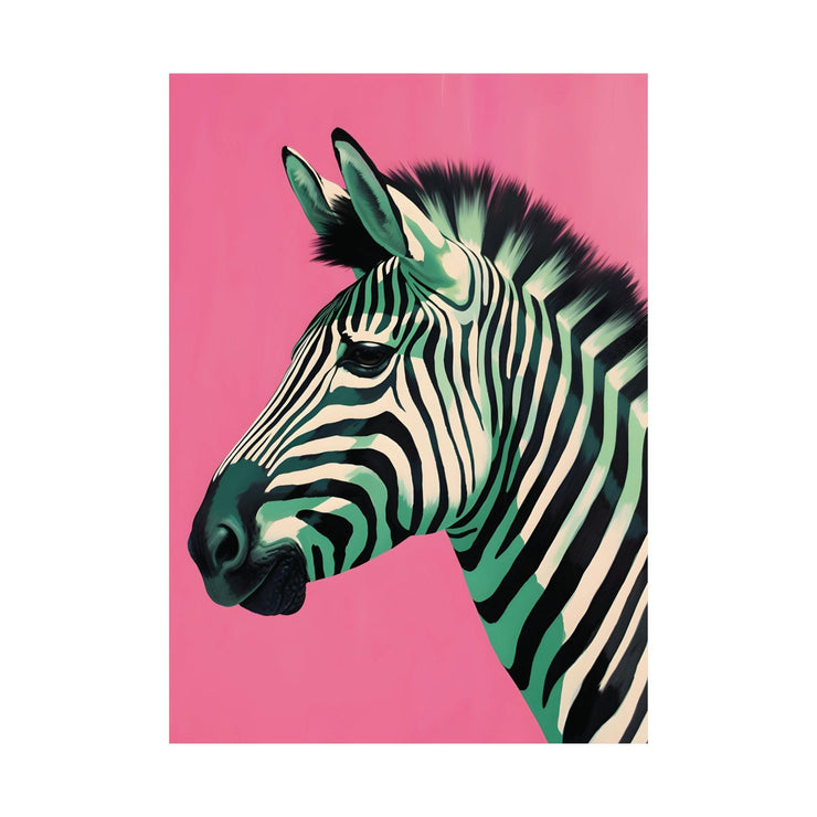 Zebra Print on Pink Background poster featuring a detailed zebra head illustration